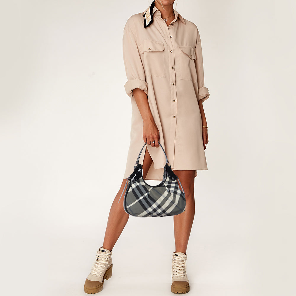 BURBERRY Grey Beat Check  Nylon and Patent Leather Small Brooklyn Hobo