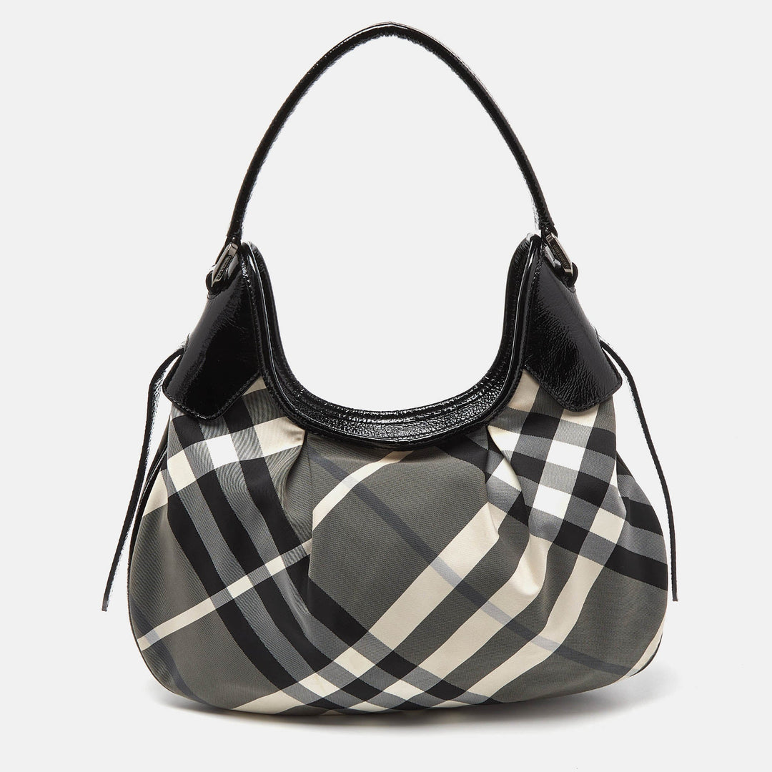 BURBERRY Grey Beat Check  Nylon and Patent Leather Small Brooklyn Hobo