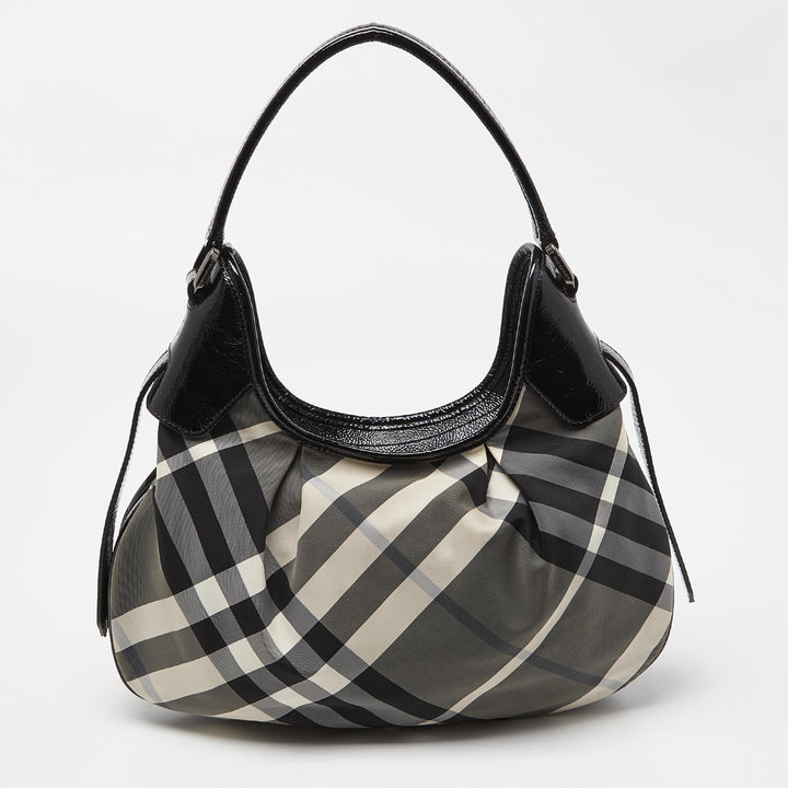 BURBERRY Grey Beat Check  Nylon and Patent Leather Small Brooklyn Hobo