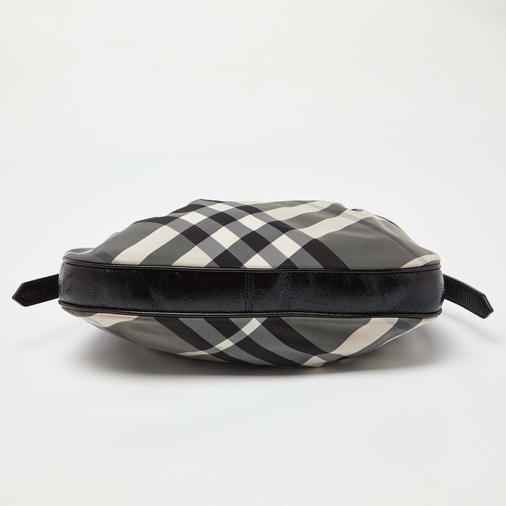 BURBERRY Grey Beat Check  Nylon and Patent Leather Small Brooklyn Hobo
