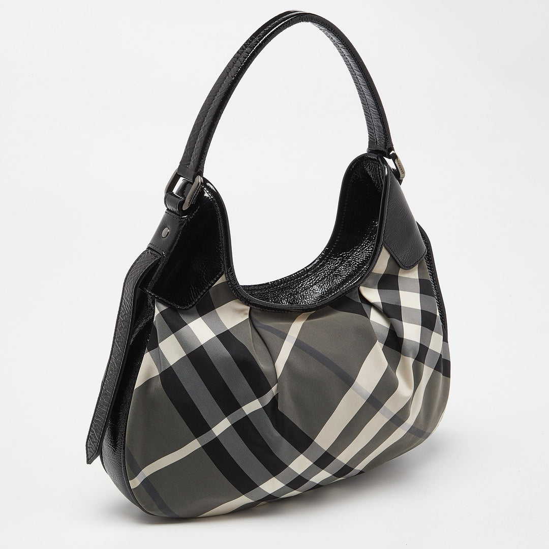 BURBERRY Grey Beat Check  Nylon and Patent Leather Small Brooklyn Hobo