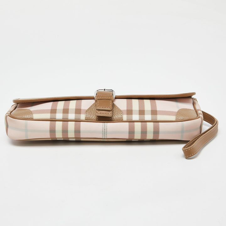 Burberry Pink/Beige House Check PVC and Leather Buckle Flap Wristlet Clutch