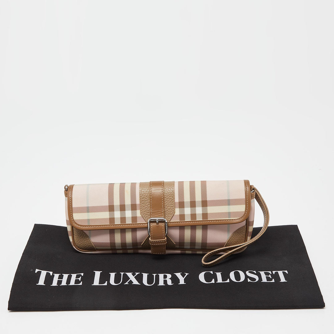 Burberry Pink/Beige House Check PVC and Leather Buckle Flap Wristlet Clutch