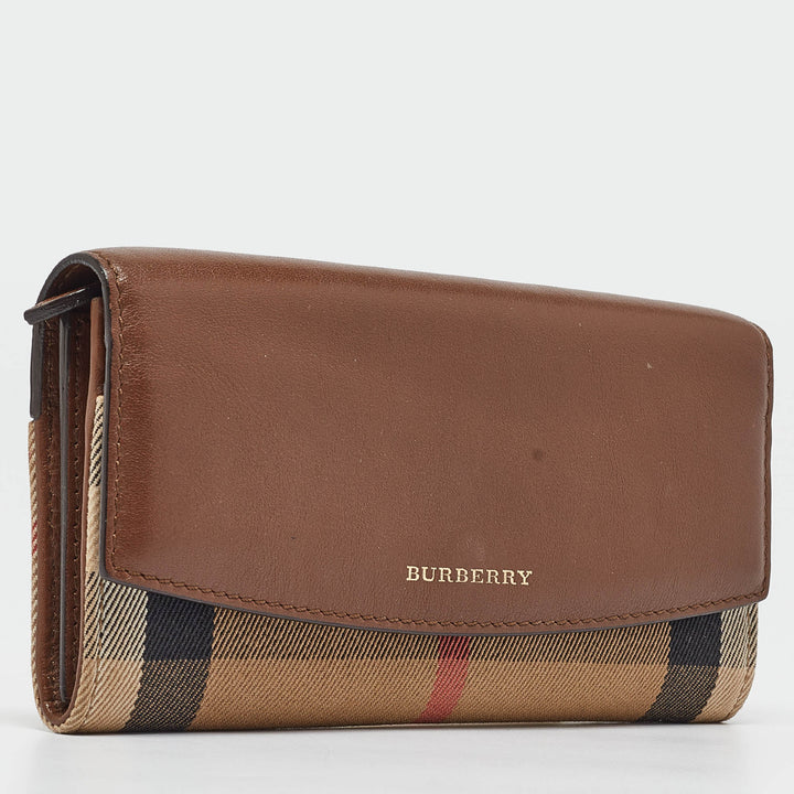 BURBERRY Brown/Beige House Check Canvas and Leather Flap Continental Wallet