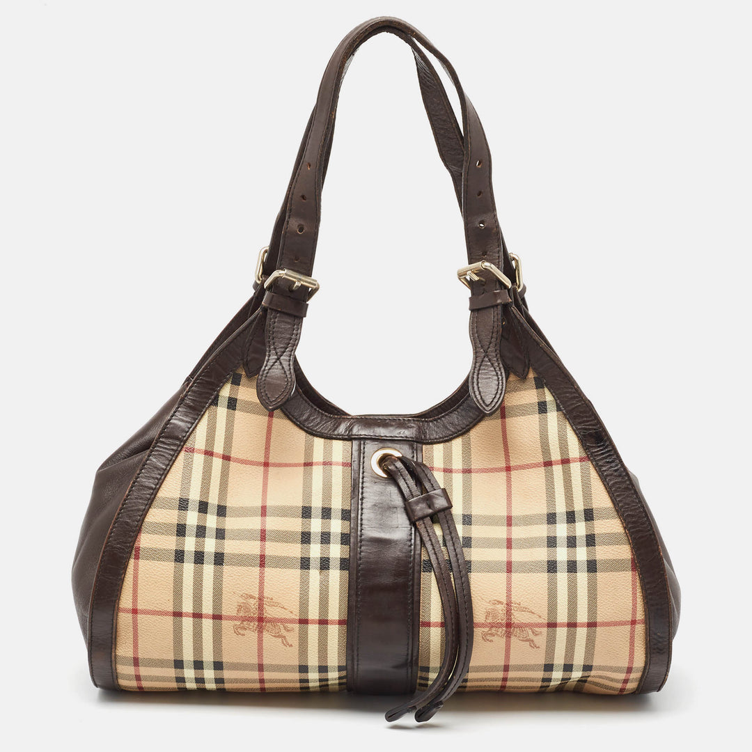 BURBERRY Brown/Beige Haymarket Check Coated Canvas Tassel Satchel