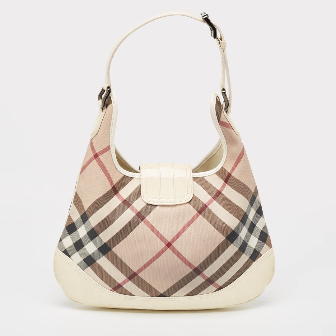 Burberry White/Beige Nova Check PVC and Patent Leather Brooke Hobo
