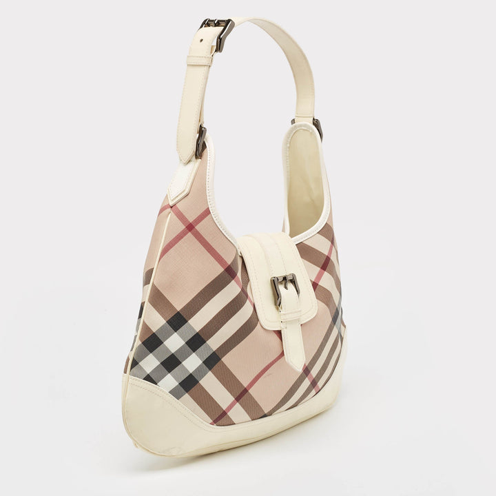 Burberry White/Beige Nova Check PVC and Patent Leather Brooke Hobo