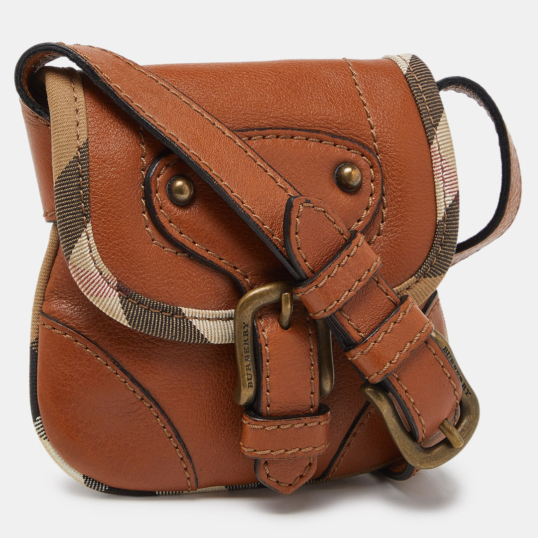 BURBERRY Tan/Beige House Check Canvas and Leather Flap Crossbody Bag