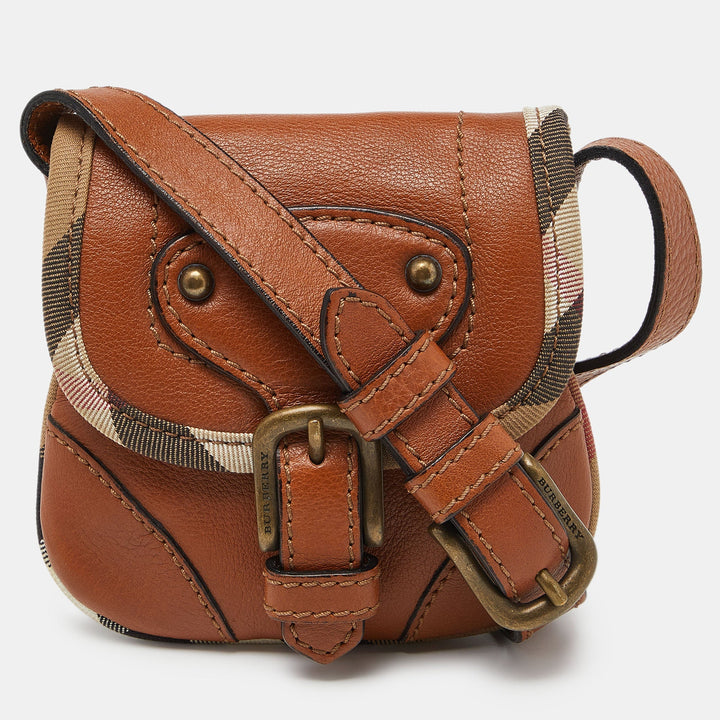 BURBERRY Tan/Beige House Check Canvas and Leather Flap Crossbody Bag