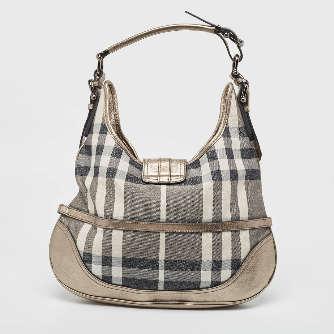 BURBERRY Grey Smoke Check Shimmer Fabric and Leather Brooke Hobo