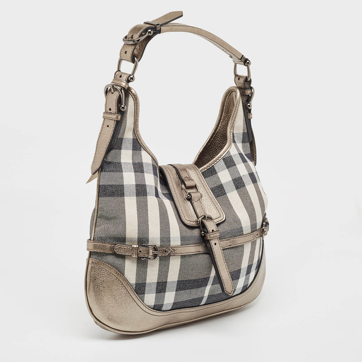 BURBERRY Grey Smoke Check Shimmer Fabric and Leather Brooke Hobo