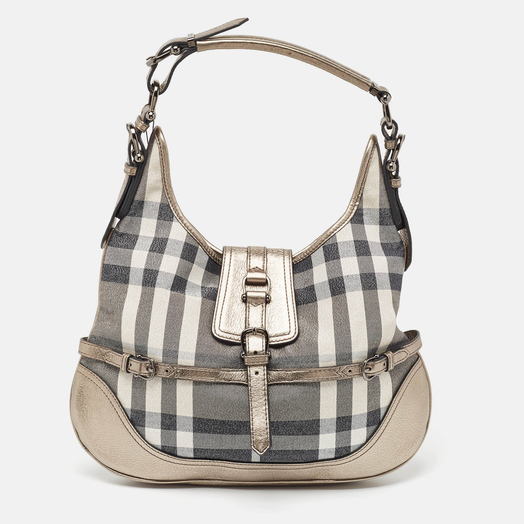 BURBERRY Grey Smoke Check Shimmer Fabric and Leather Brooke Hobo