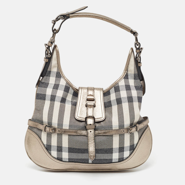 BURBERRY Grey Smoke Check Shimmer Fabric and Leather Brooke Hobo