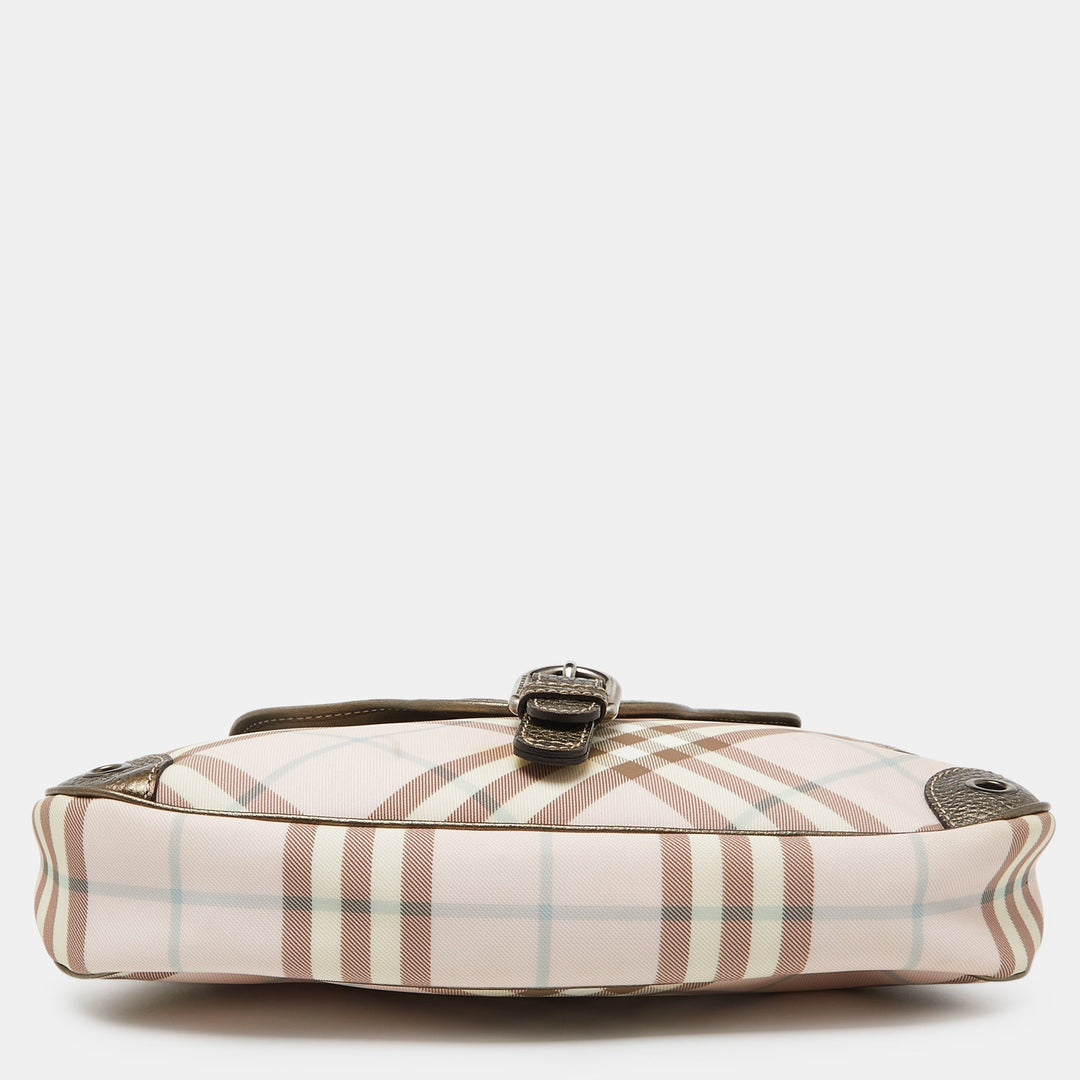 Burberry Pink/Metallic House Check PVC and Leather Buckle Flap Hobo