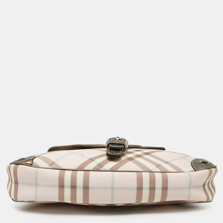 Burberry Pink/Metallic House Check PVC and Leather Buckle Flap Hobo