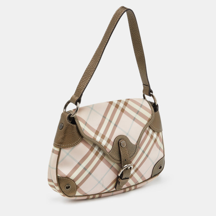 Burberry Pink/Metallic House Check PVC and Leather Buckle Flap Hobo