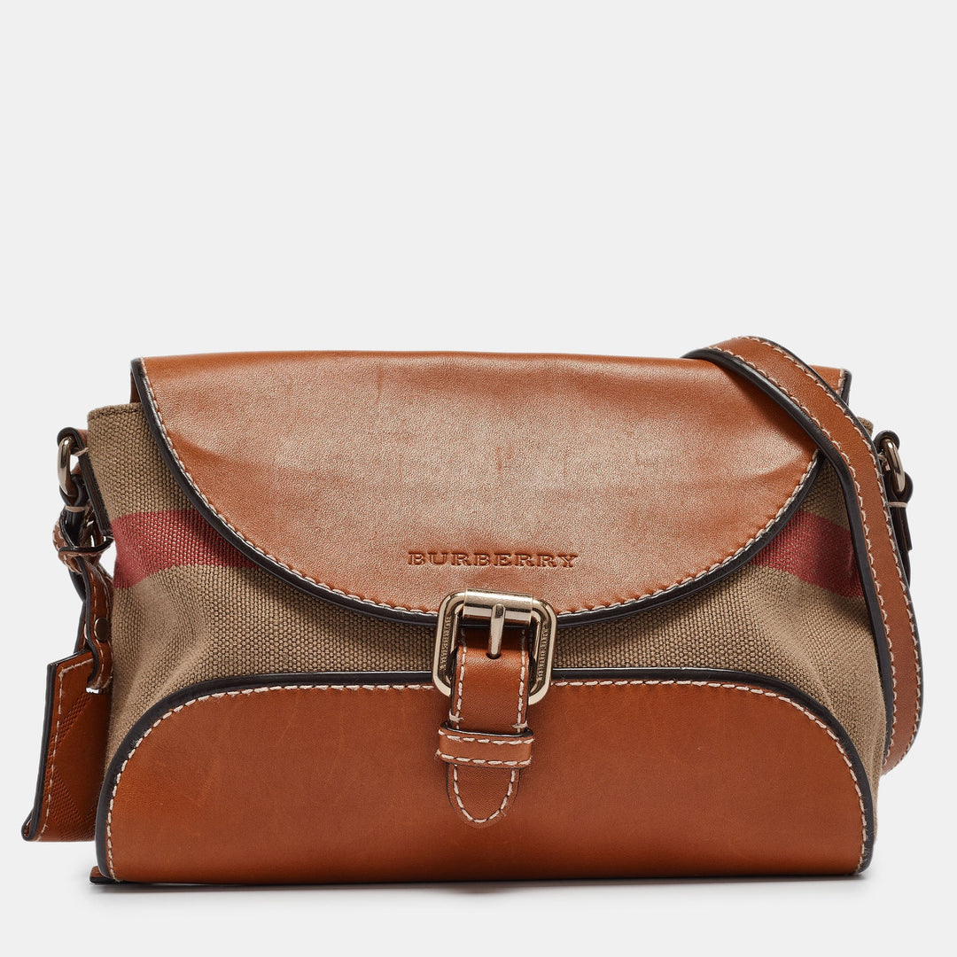 BURBERRY Brown/Beige Check Canvas and Leather Henham Crossbody Bag
