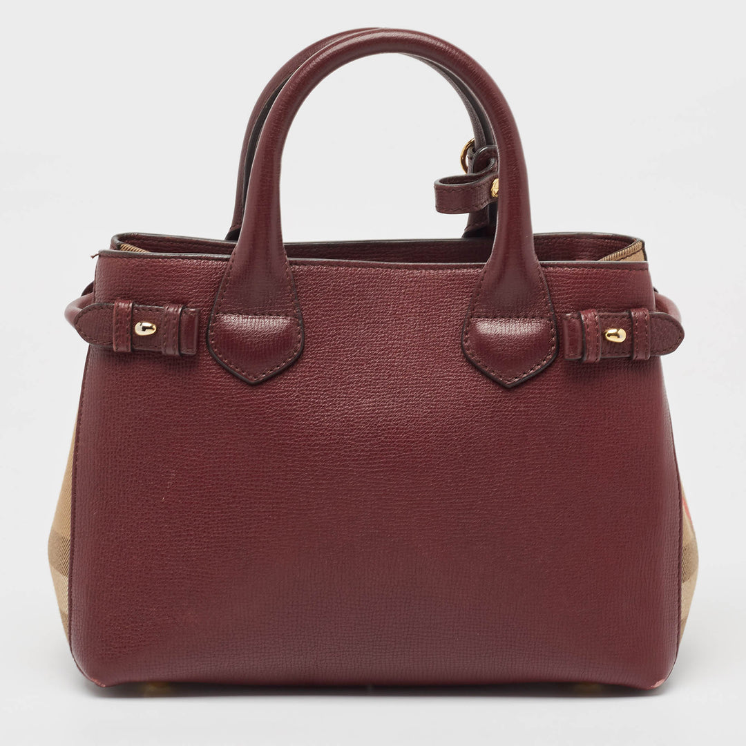 BURBERRY Burgundy/Beige Leather and House Check Canvas Small Banner Tote