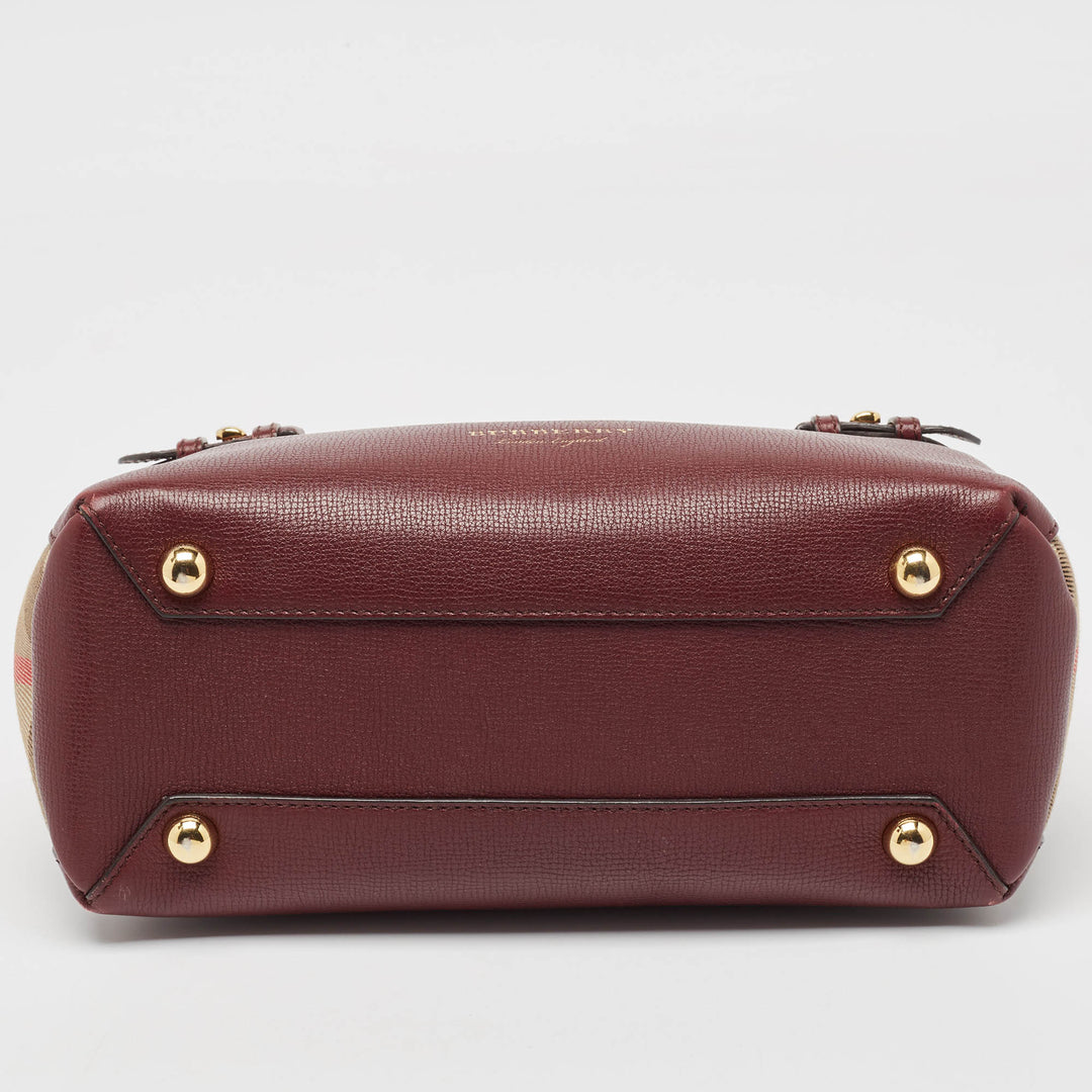 BURBERRY Burgundy/Beige Leather and House Check Canvas Small Banner Tote