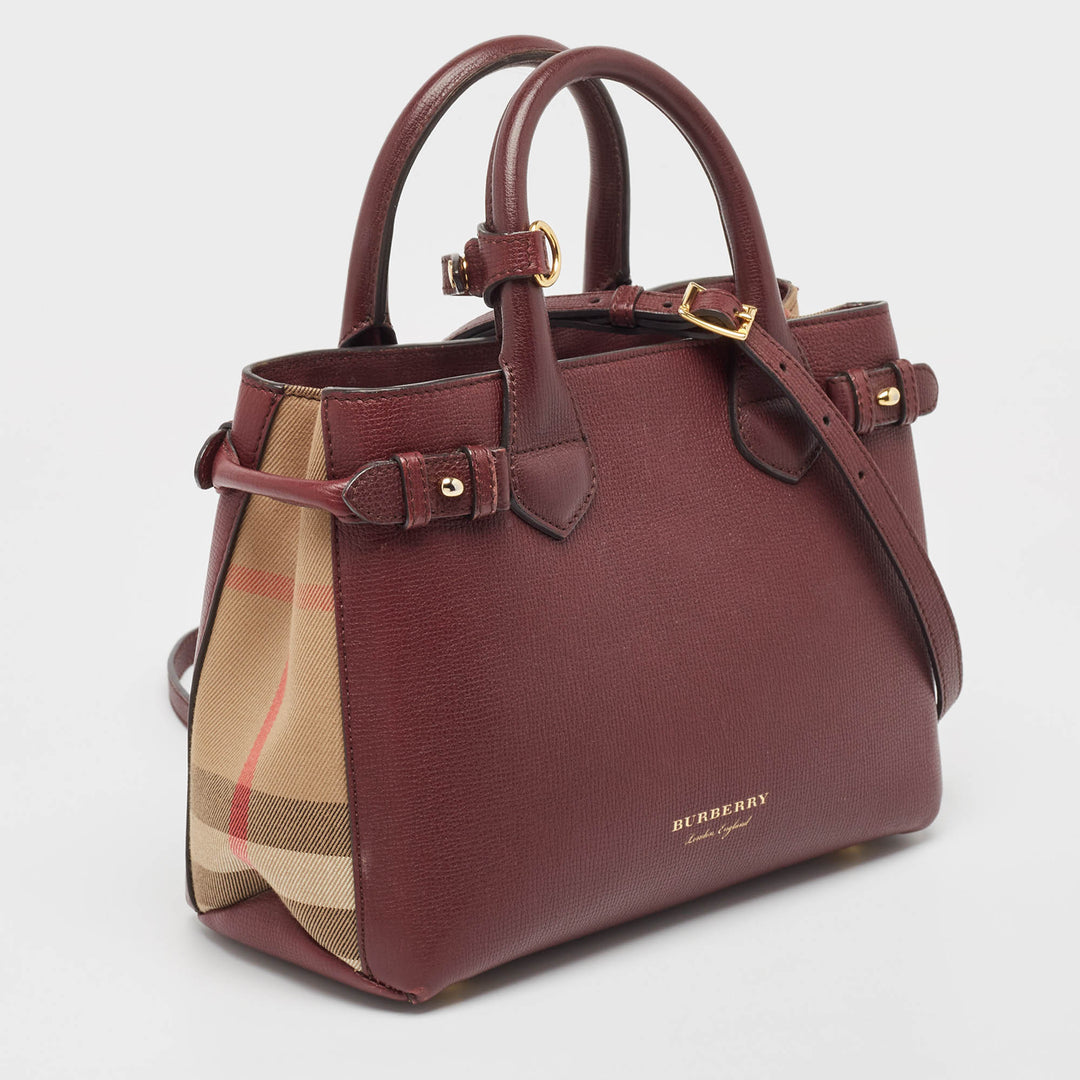 BURBERRY Burgundy/Beige Leather and House Check Canvas Small Banner Tote