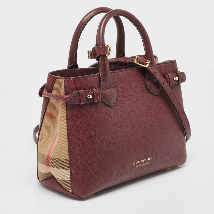 BURBERRY Burgundy/Beige Leather and House Check Canvas Small Banner Tote