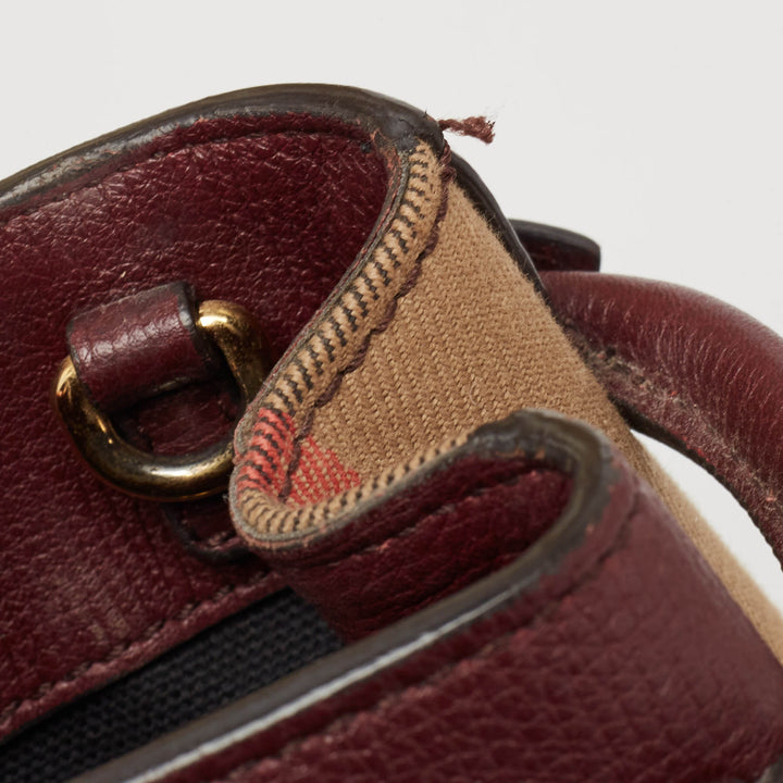 BURBERRY Burgundy/Beige Leather and House Check Canvas Small Banner Tote