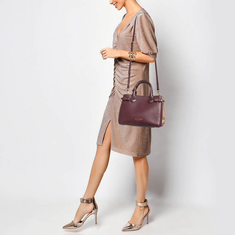 BURBERRY Burgundy/Beige Leather and House Check Canvas Small Banner Tote
