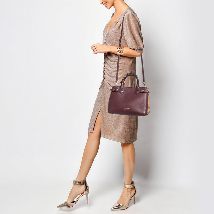 BURBERRY Burgundy/Beige Leather and House Check Canvas Small Banner Tote