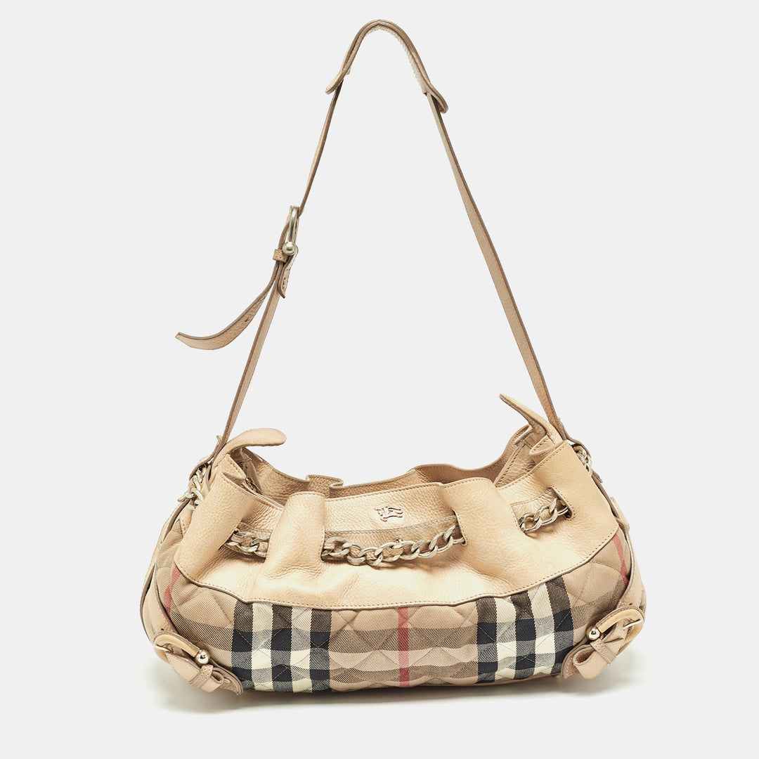 BURBERRY Cream/Beige Quilted House Check Fabric and Leather Shoulder Bag