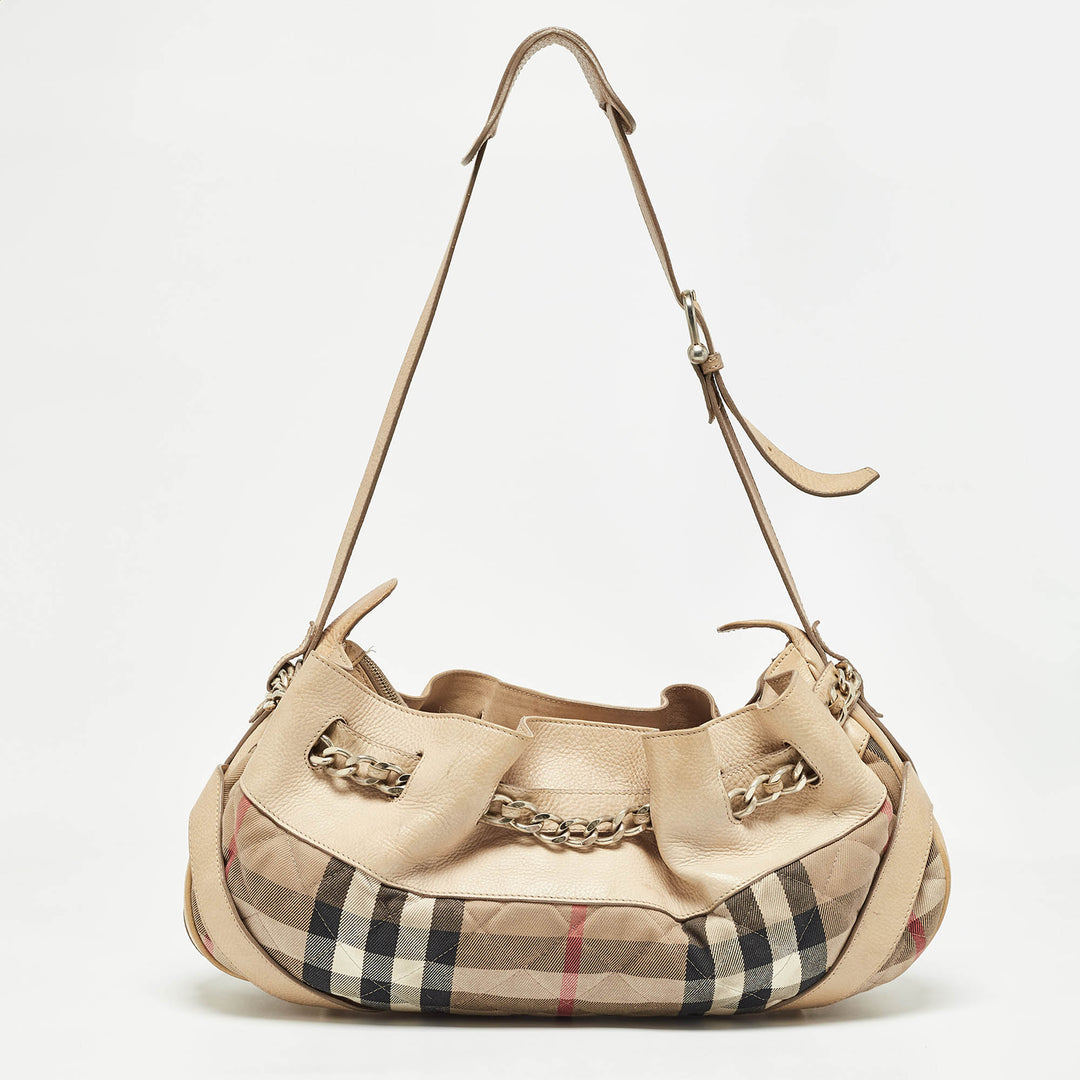 BURBERRY Cream/Beige Quilted House Check Fabric and Leather Shoulder Bag