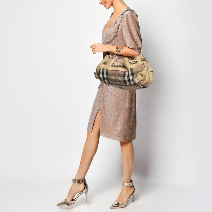 BURBERRY Cream/Beige Quilted House Check Fabric and Leather Shoulder Bag
