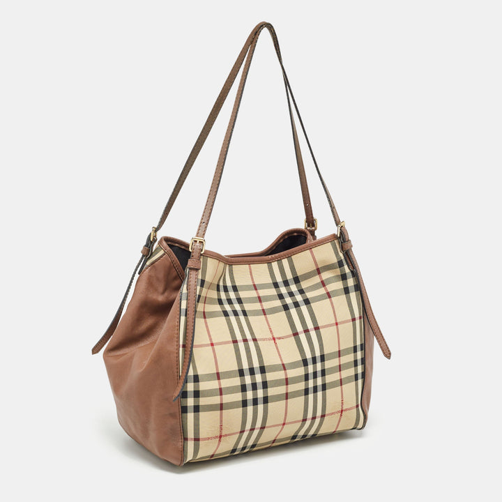 BURBERRY Brown/Beige Haymarket Fabric and Leather Canterbury Tote