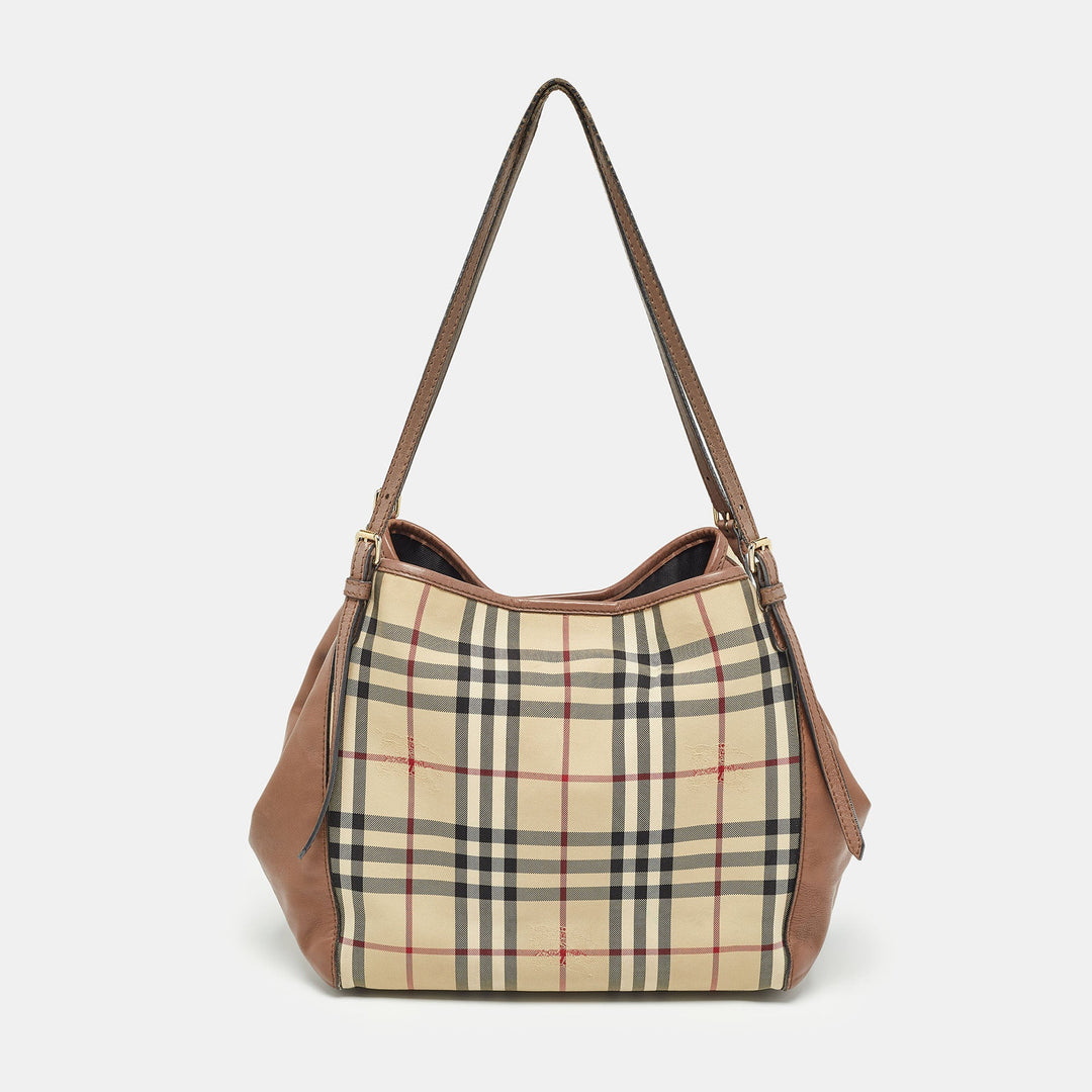 BURBERRY Brown/Beige Haymarket Fabric and Leather Canterbury Tote