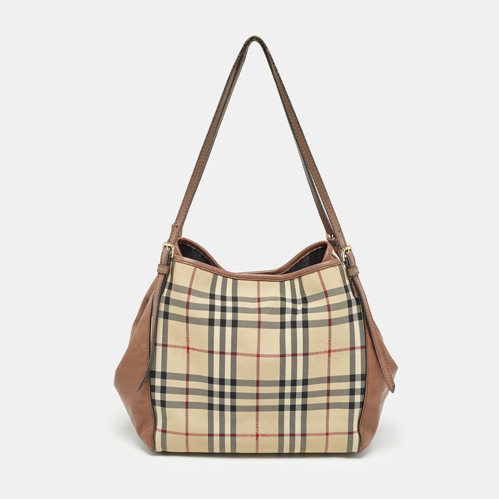 BURBERRY Brown/Beige Haymarket Fabric and Leather Canterbury Tote