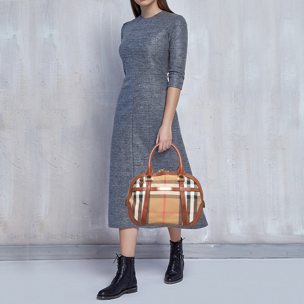 BURBERRY Brown/Beige House Check Fabric and Leather Orchard Bowler Bag