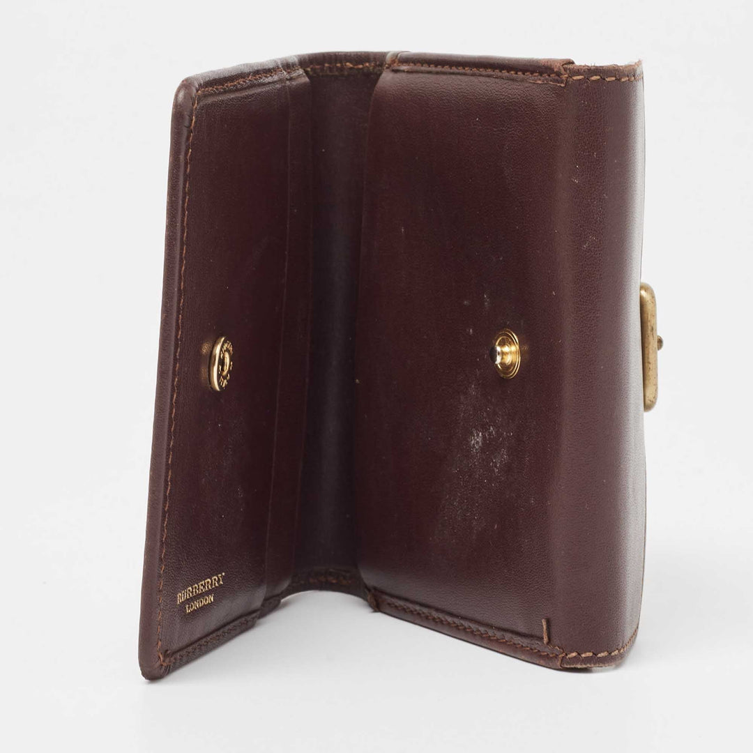 BURBERRY Brown/Beige Haymarket Check Coated Canvas and Leather Buckle Flap Compact Wallet