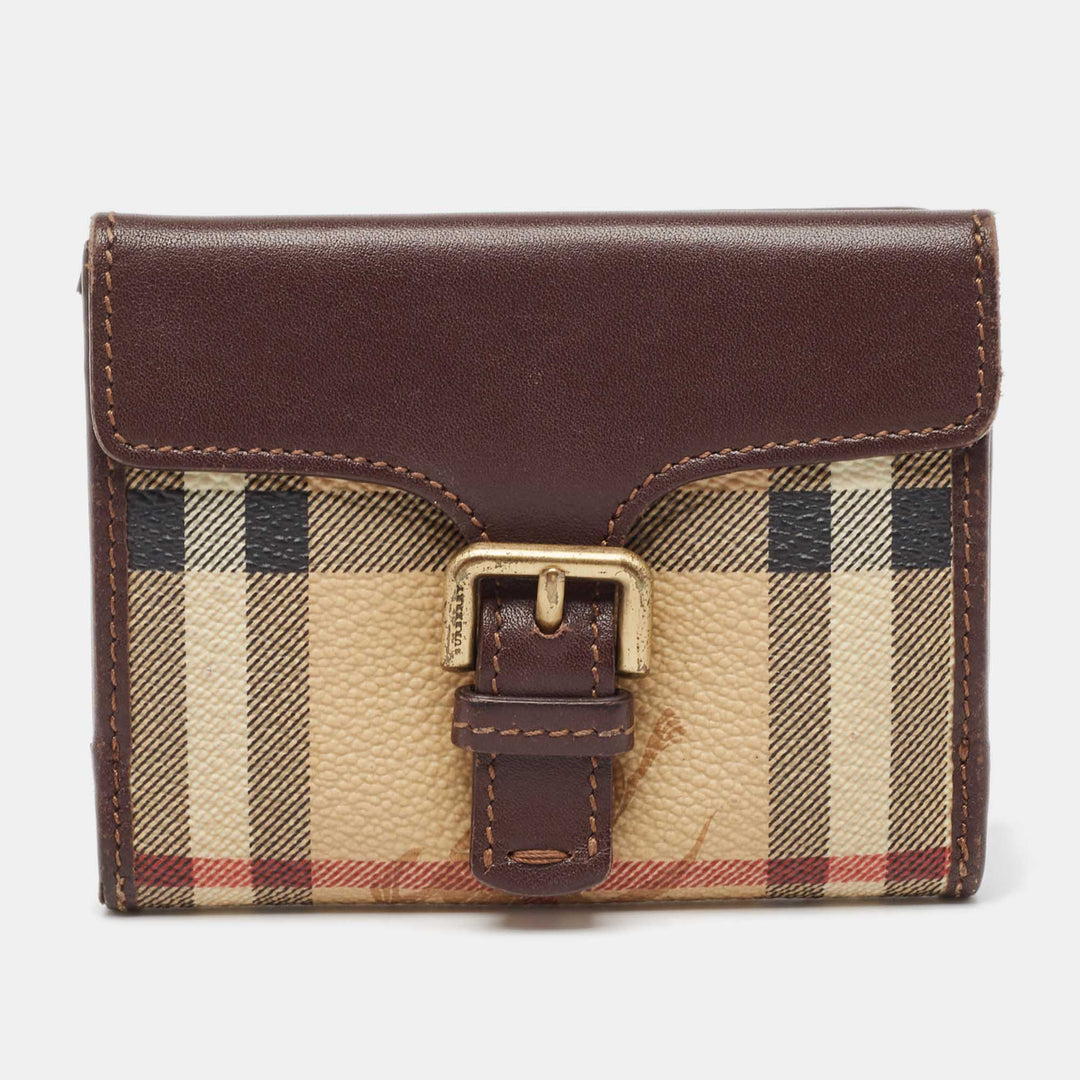 BURBERRY Brown/Beige Haymarket Check Coated Canvas and Leather Buckle Flap Compact Wallet