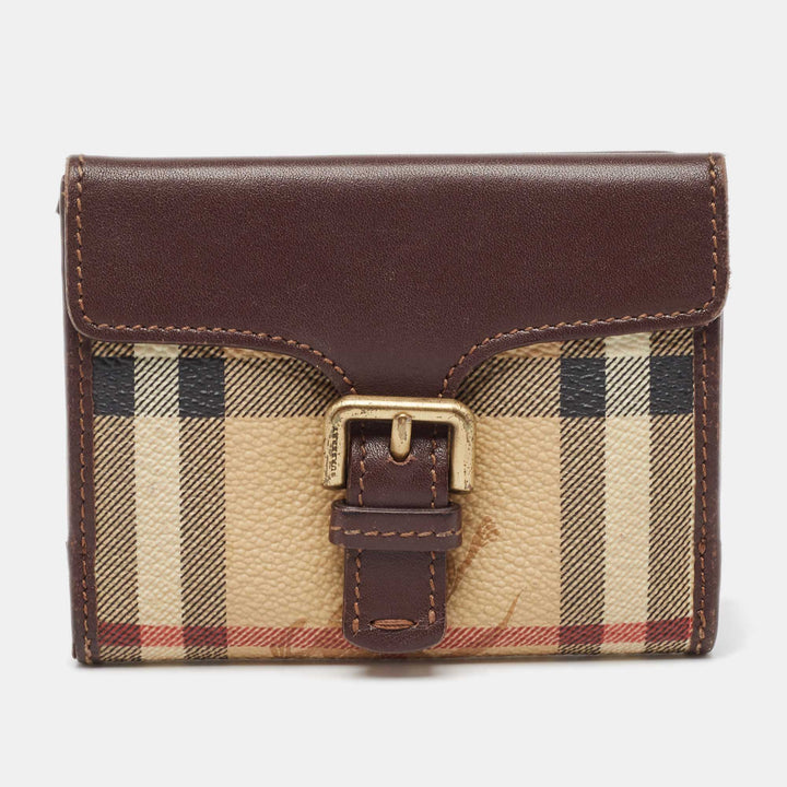 BURBERRY Brown/Beige Haymarket Check Coated Canvas and Leather Buckle Flap Compact Wallet