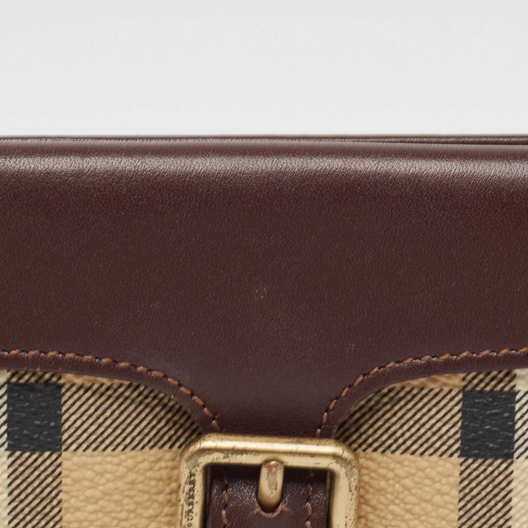 BURBERRY Brown/Beige Haymarket Check Coated Canvas and Leather Buckle Flap Compact Wallet