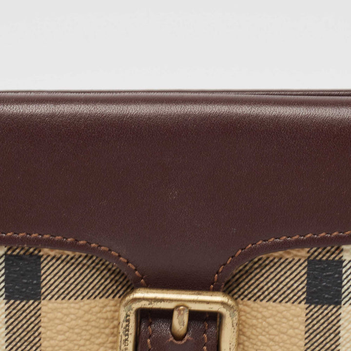 BURBERRY Brown/Beige Haymarket Check Coated Canvas and Leather Buckle Flap Compact Wallet