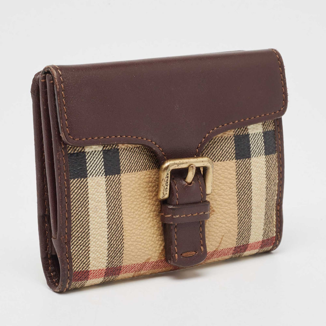 BURBERRY Brown/Beige Haymarket Check Coated Canvas and Leather Buckle Flap Compact Wallet