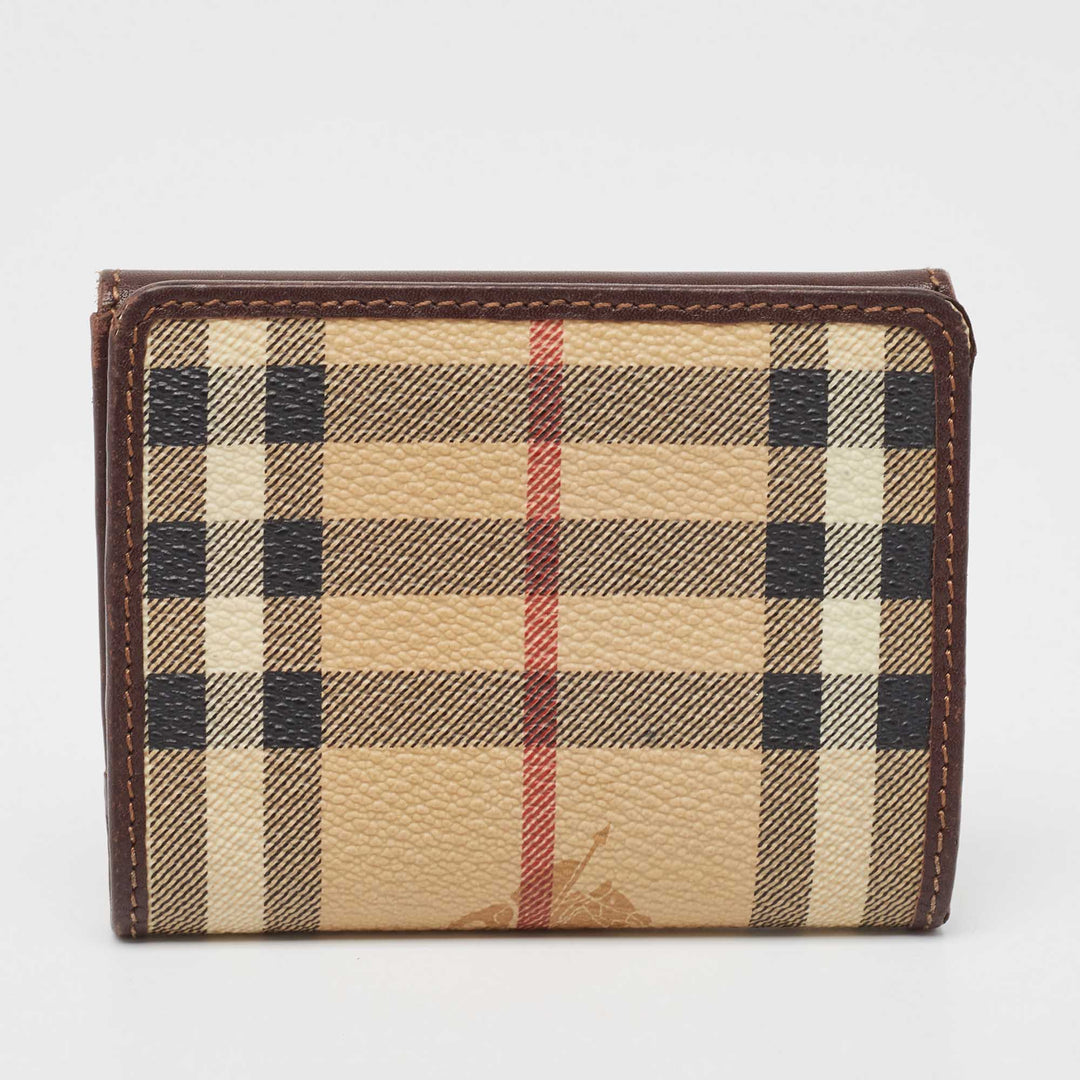 BURBERRY Brown/Beige Haymarket Check Coated Canvas and Leather Buckle Flap Compact Wallet
