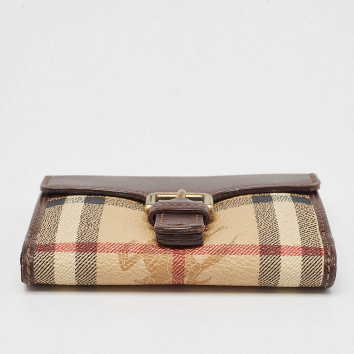 BURBERRY Brown/Beige Haymarket Check Coated Canvas and Leather Buckle Flap Compact Wallet