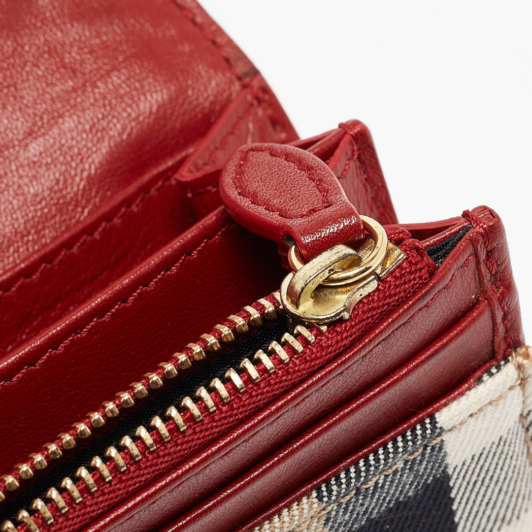 BURBERRY Red/Beige House Check Fabric and Leather Flap Continental Wallet