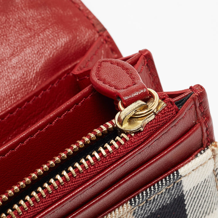 BURBERRY Red/Beige House Check Fabric and Leather Flap Continental Wallet