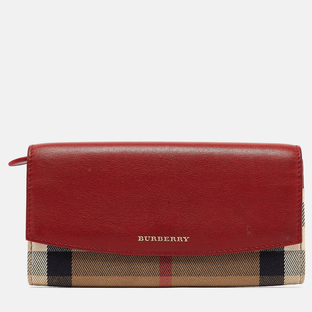 BURBERRY Red/Beige House Check Fabric and Leather Flap Continental Wallet
