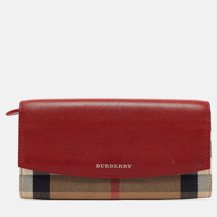 BURBERRY Red/Beige House Check Fabric and Leather Flap Continental Wallet