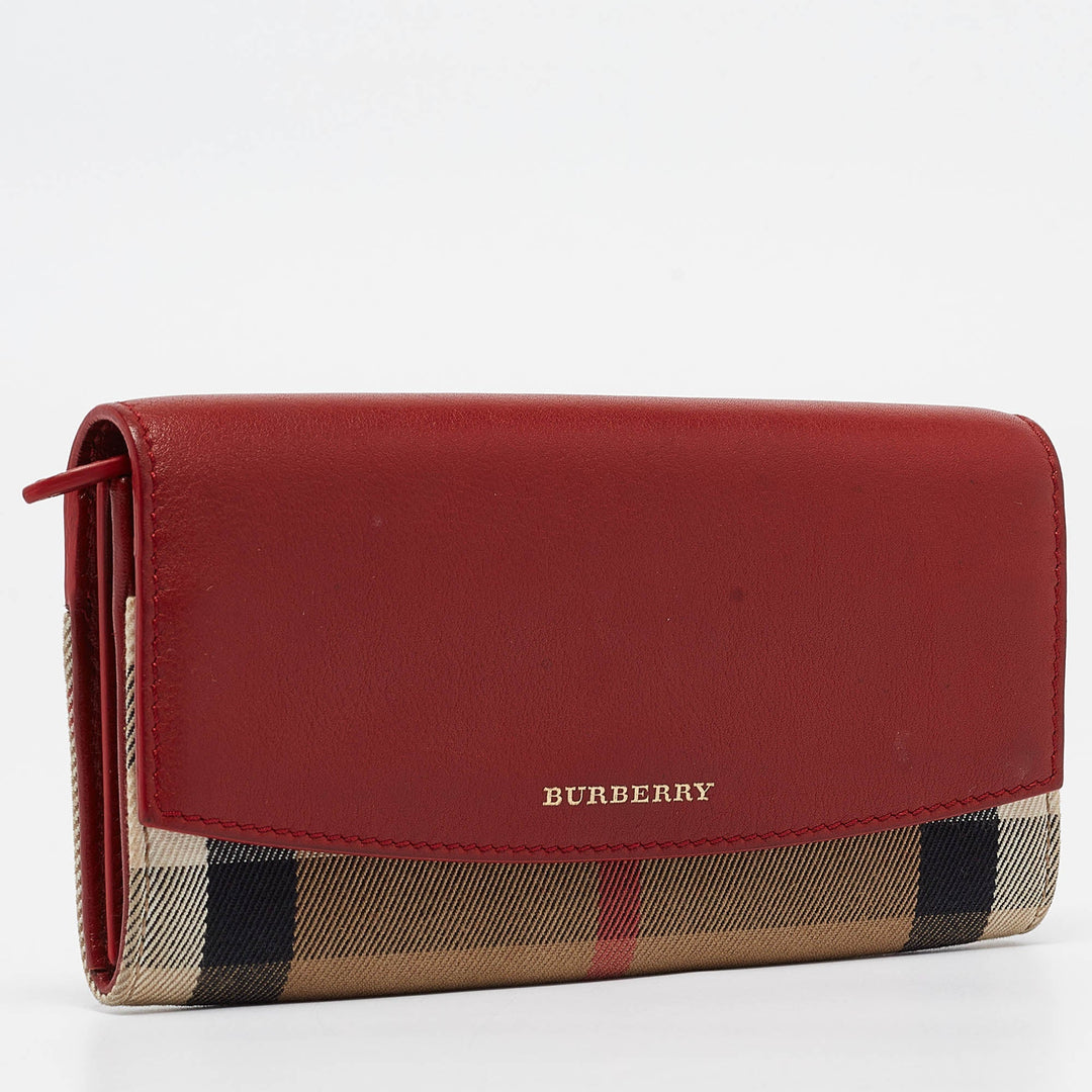 BURBERRY Red/Beige House Check Fabric and Leather Flap Continental Wallet