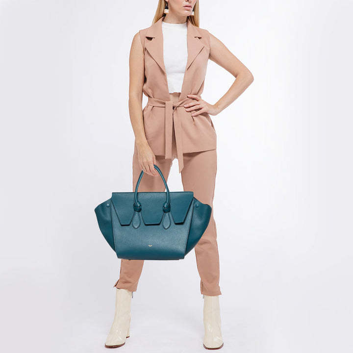 Celine Teal Blue Leather Small Tie Tote