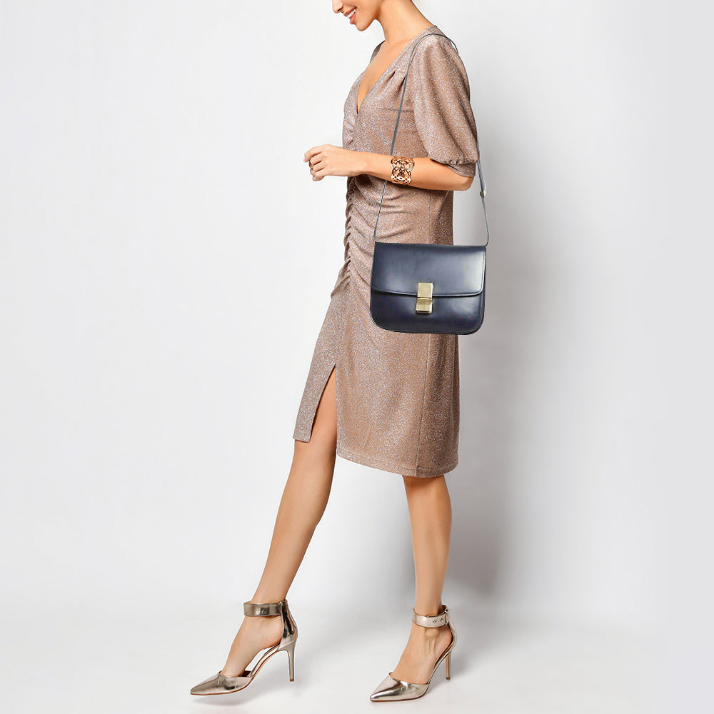 Celine Navy Blue Leather Medium Classic Box Shoulder Bag